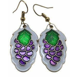 Vtg Earrings Fruit Salad Enamel Cloisonne Grapes Dangles Pierced Tutti Frutti 2"